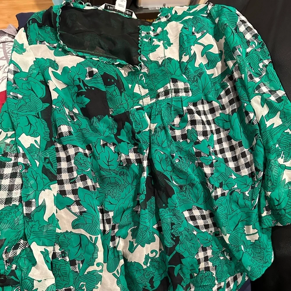 DIANE VON FURSTENBERG CAMDEN SILK LONG PUFF SLEEVE GREEN BLACK WHITE BLOUSE